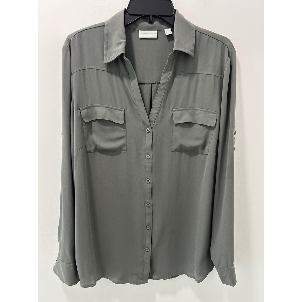 New York & Company Women Olive Gray Roll Tab Sleeve Button Down Blouse XL